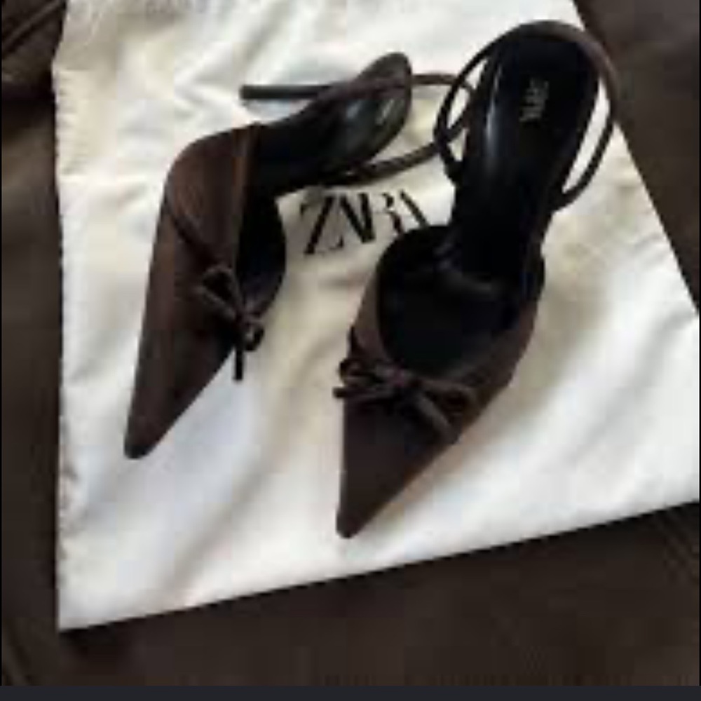 ZARA Dark Brown Pointed Toe Bow Slingback Heels